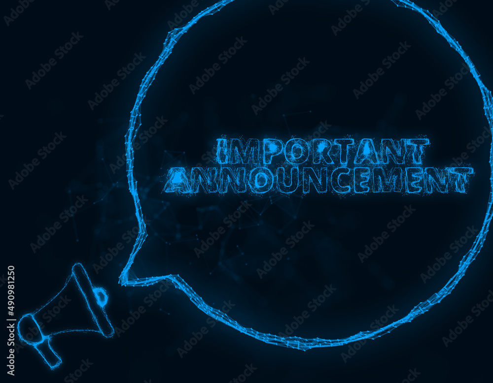 Poster Megaphone banner with speech bubble and text important announcement. Plexus style of blue glowing dots and lines. Abstract illustration