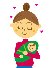無事に生まれて来てくれた初めての赤ちゃんを大切に抱っこする親になった女性の幸せそうなイラスト・おくるみはおひな巻き