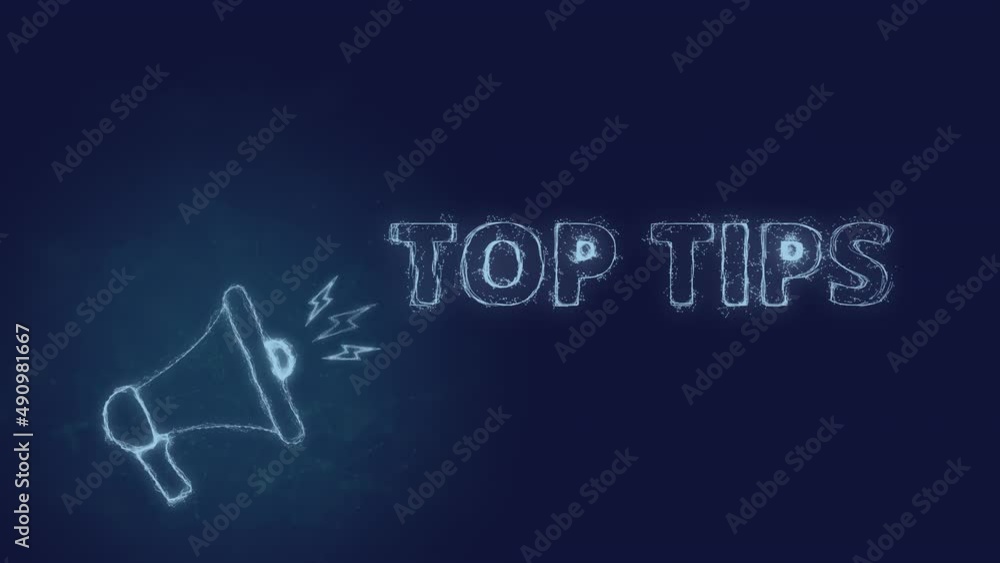 Poster Megaphone banner with text top tips. Plexus style of blue glowing dots and lines