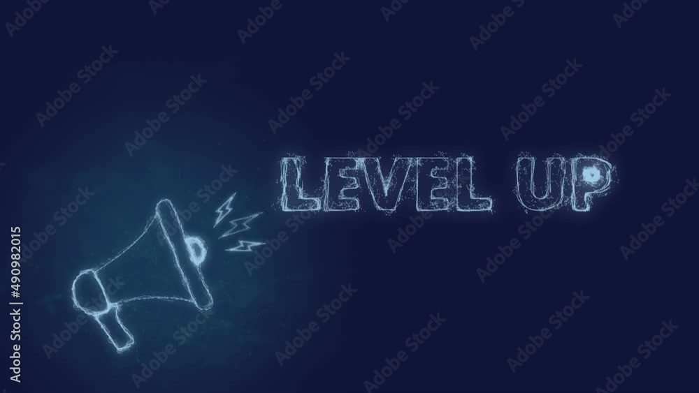 Poster Megaphone banner with text level up. Plexus style of blue glowing dots and lines
