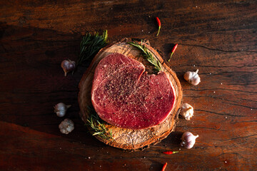 Sliced grilled thai steak served on white plate with grilled sliced lemon, tomatoes, garlic