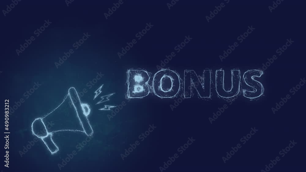 Poster Megaphone banner with text bonus. Plexus style of blue glowing dots and lines