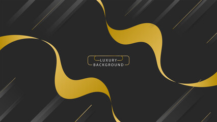 Vector illustration of elegant golden wave and line texture with dynamic diagonal gray rectangle decoration on dark black background template design