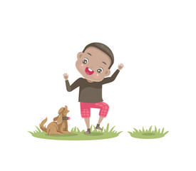 Obraz na płótnie Canvas boy playing with dog in summer