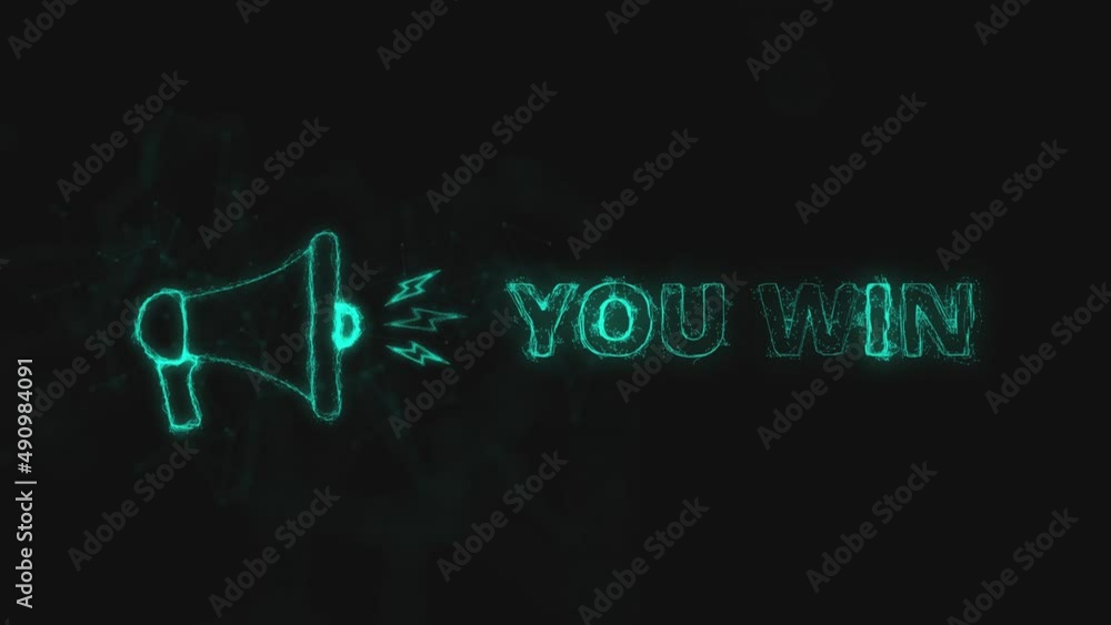 Poster Megaphone banner with text you win. Plexus style of blue glowing dots and lines