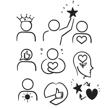 hand drawn doodle Line Icons Related to self respect and love illustration vector