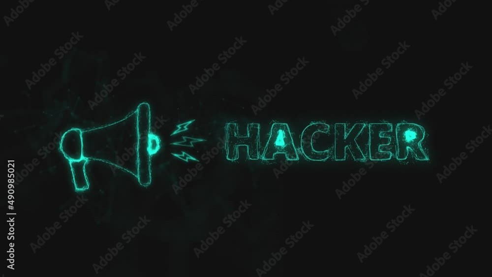 Poster Megaphone banner with text hacker. Plexus style of blue glowing dots and lines