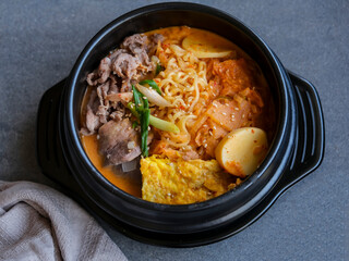 Delicious homemade Korean meal. Spicy Beef Ramyeon Noodle Soup. great for lunch or dinner meals