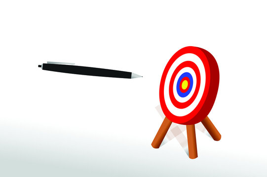 Flying pen targeting bull eye on target board symbolic of targeting goals, vision and mission business concept illustration vector