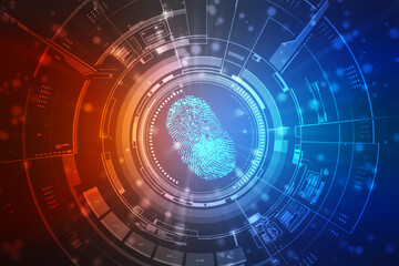 Abstract security system concept with fingerprint on technology background, Fingerprint Scanning Identification System. Biometric Authorization and Business Security Concept
