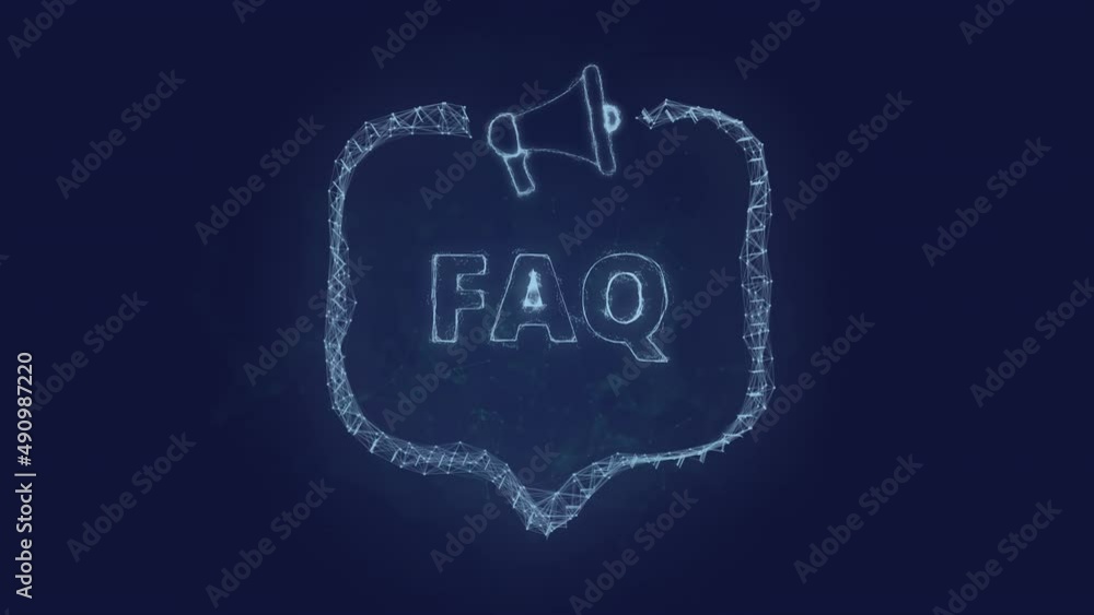 Poster Megaphone banner with speech bubble and text faq. Plexus style of green glowing dots and lines
