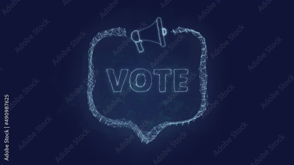 Poster Megaphone banner with speech bubble and text vote. Plexus style of blue glowing dots and lines