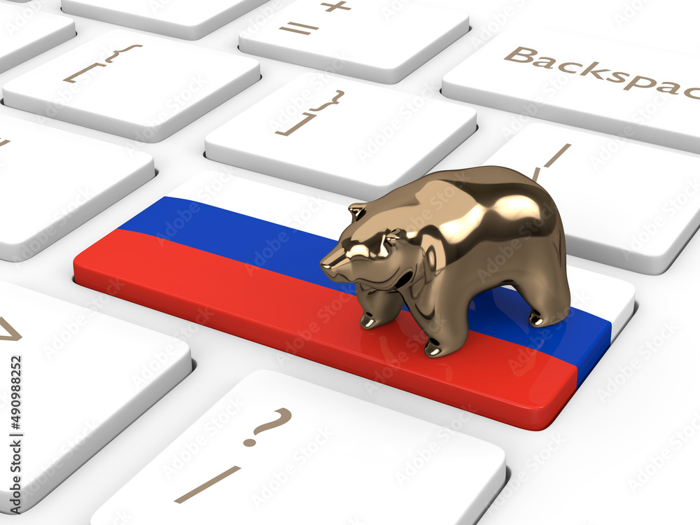 Poster 3d render of computer keyboard with russian flag and bear