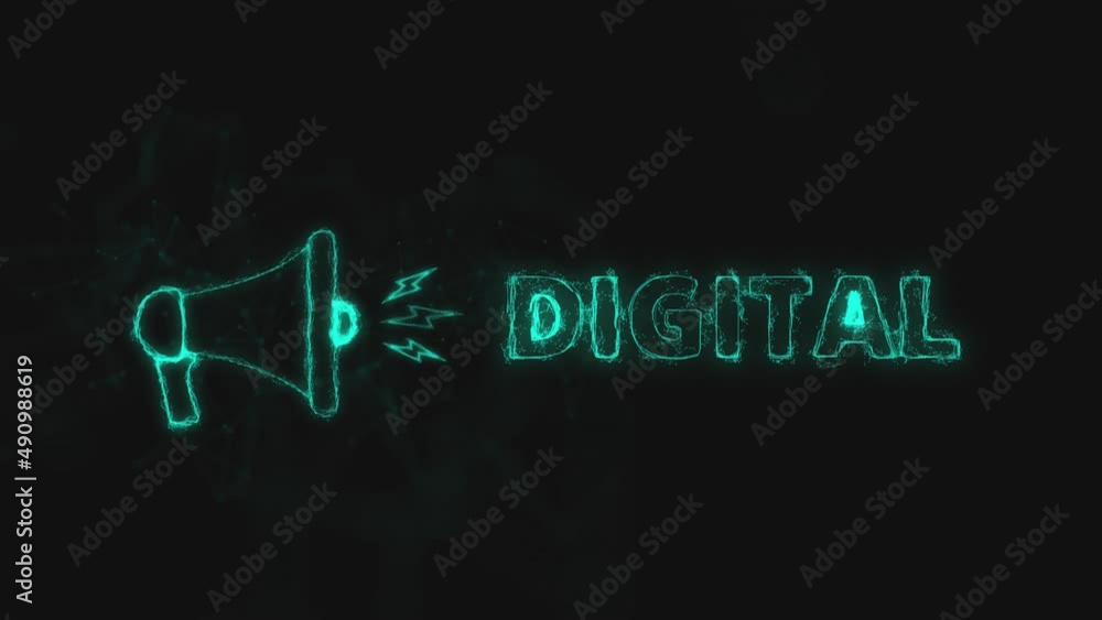 Poster Megaphone banner with text digital. Plexus style of blue glowing dots and lines