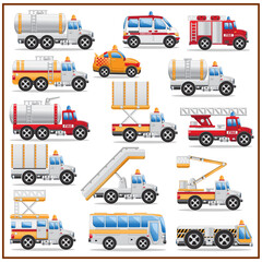 Set of cars for the airfield. Side view. Isolated on white background. Vector illustration.