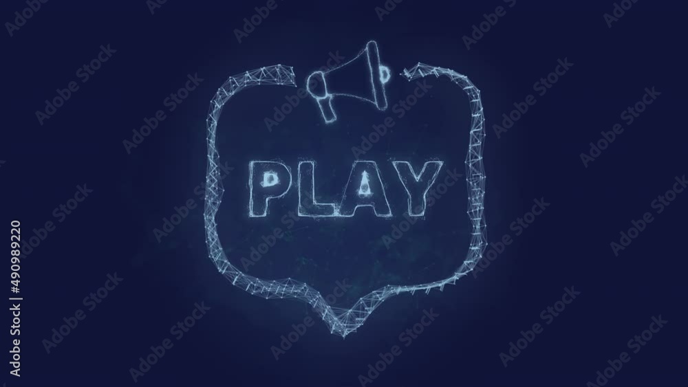 Poster Megaphone banner with speech bubble and text play. Plexus style of green glowing dots and lines