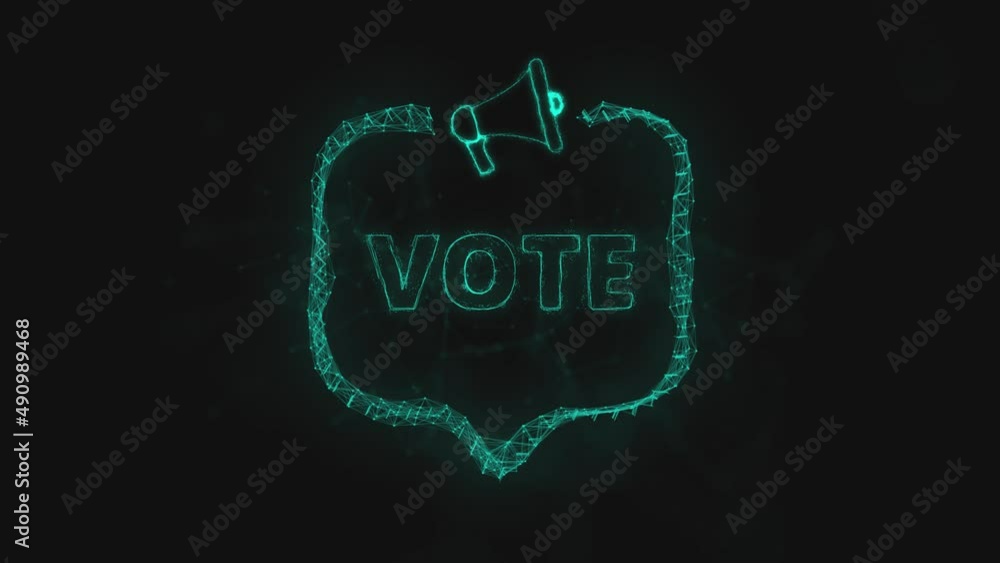 Poster Megaphone banner with speech bubble and text vote. Plexus style of blue glowing dots and lines