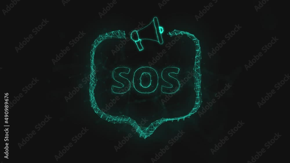 Poster Megaphone banner with speech bubble and text sos. Plexus style of green glowing dots and lines