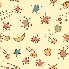 Space background. Seamless pattern. Planets and stars. Beautiful space object. Simple doodle drawing in childish style. Outline sketch. Hand drawing Vector
