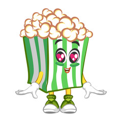 Cute popcorn character fall in love . Vector hand drawn cartoon kawaii mascot illustration icon. Isolated on white background. Popcorn character concept