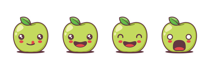 Obraz premium green apple cartoon illustration, with different facial expressions