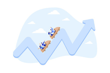 Investment volatility metaphor of riding roller coaster, financial stock market fluctuation rising up and falling down concept, people investors riding roller coaster on fluctuated market chart.
