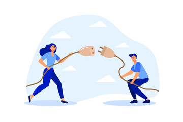 Obraz premium Disconnected business, broken communication, 404 or disconnect from social media distraction or monitor screen, young man and young adult woman pull electric socket plug to disconnect from internet.