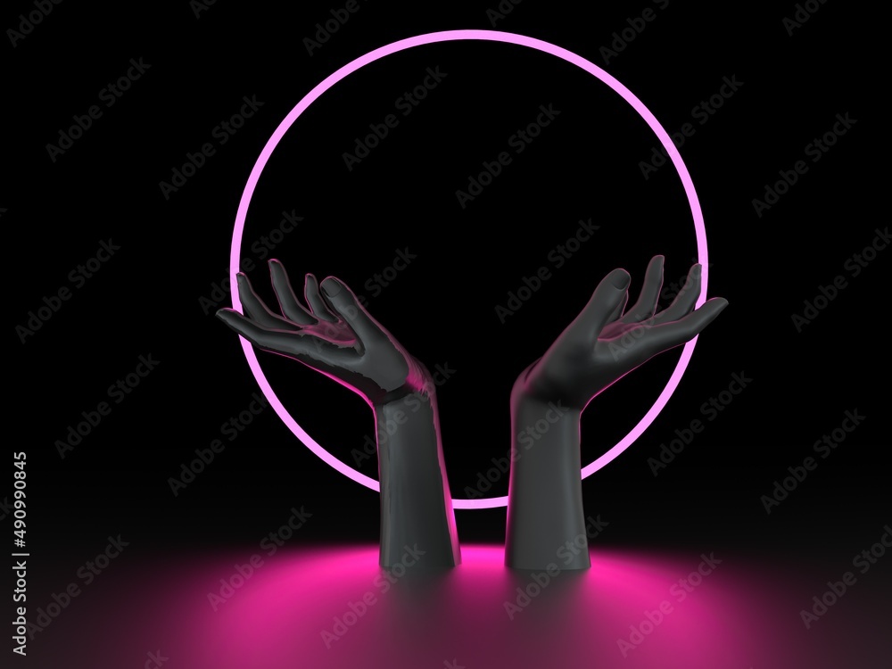 Poster 3d illustration of two hands and a neon ring behind them. showcase for a product placement.