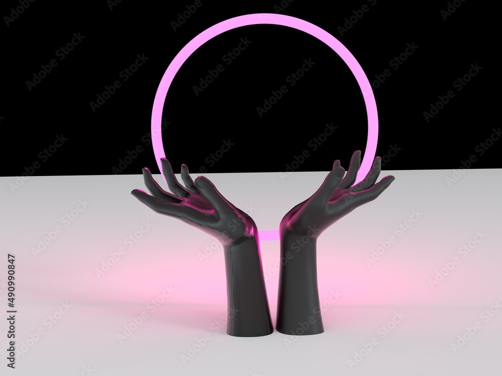 Poster 3d illustration of two hands and a neon ring behind them. showcase for a product placement.
