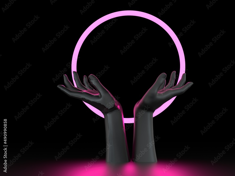 Poster 3d illustration of two hands and a neon ring behind them. showcase for a product placement.