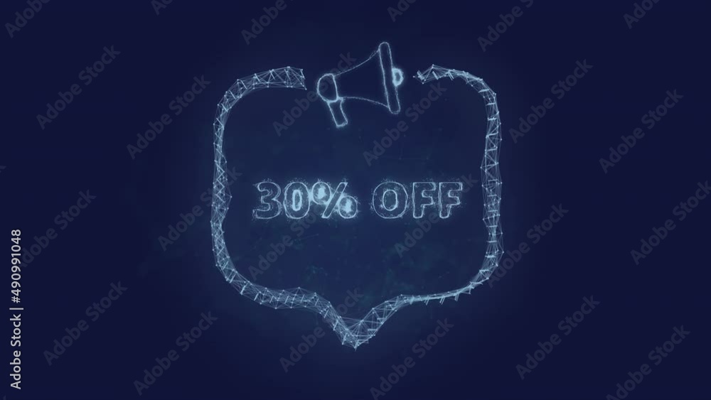 Poster Megaphone banner with speech bubble and text 30 percent off. Plexus style of green glowing dots and lines