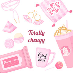 Cheugy elements collection banner. Square pink poster. Cartoon illustration.