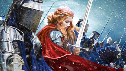 A charming red-haired female knight in a snowy windy blizzard with a two-handed sword and a red cloak, surrounded by valiant cavalry knights in shiny plate armor ready to defend her to death. 2d art - 490991081