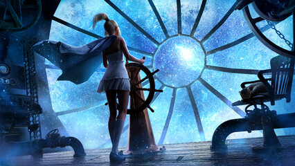 A young girl at the helm of an airship is flying towards a bright shining star, she is wearing a dress and starry magic cloak, steampunk equipment , large stained glass porthole and cat. 3d rendering
