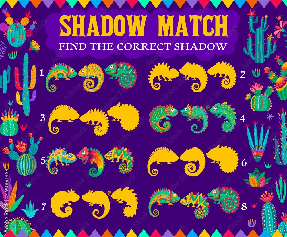 Aufkleber mexican chameleon silhouettes, shadow match kids riddle game worksheet. vector logic rebus or task f