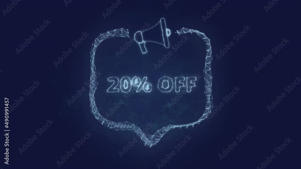 Poster Megaphone banner with speech bubble and text 20 percent off. Plexus style of green glowing dots and lines