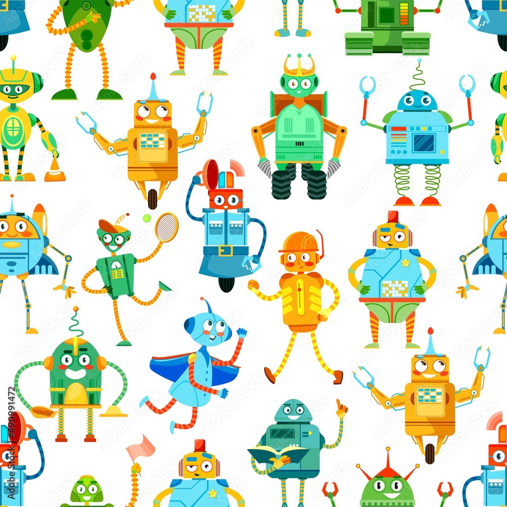 Poster cartoon robots, cyborgs and droids on seamless vector pattern background. funny toy robots and trans