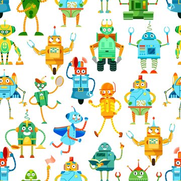 Cartoon robots, cyborgs and droids on seamless vector pattern background. Funny toy robots and transformers or android bots on wheel with mechanic hands, kids toys or comic robots pattern