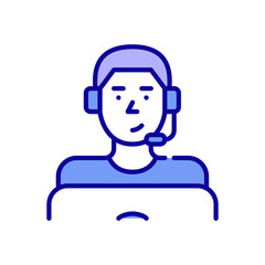Young man wearing headset working as a call center agent. Pixel perfect, editable stroke color icon