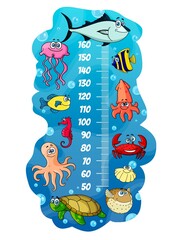 Kids height chart with cartoon sea animals, vector growth measure meter water background. Kids height chart or baby measure scale with undersea fishes and ocean animals, turtles and seahorses