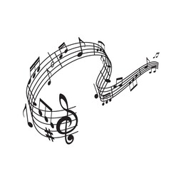 Musical wave of notes on stave, concert or symphonic orchestra vector sign. Classic music live concert or philharmonic band melody notes of clef or treble and bass in wave