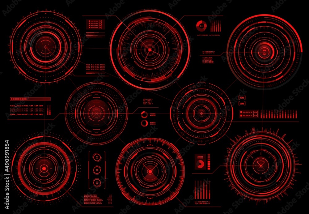 Leinwandbilder HUD circular interface screen red warning and danger panels. Sci Fi web interface elements, vector visual data diagrams or military radars, spaceship navigation system screens glowing red in darkness