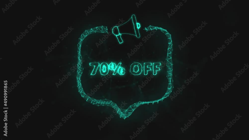 Fototapete Megaphone banner with speech bubble and text 70 percent off. Plexus style of green glowing dots and lines