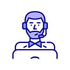 Young professional man wearing headset working as a call center agent. Pixel perfect, editable stroke, color icon