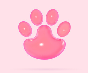 Paw 3d print in cartoon soft pop style. Grooming service visual concept. Realistic render vector elements for pet and veterinaty care design.