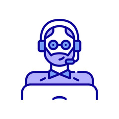 Middle aged man wearing a headset and working as a call center agent at a laptop. Pixel perfect, editable stroke color icon 