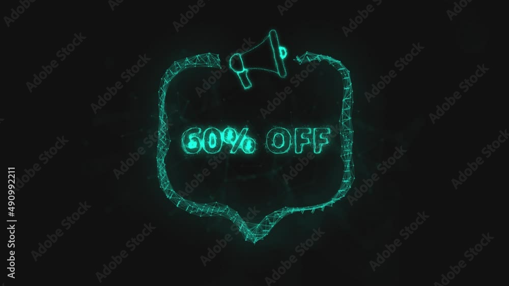 Poster Megaphone banner with speech bubble and text 60 percent off. Plexus style of green glowing dots and lines