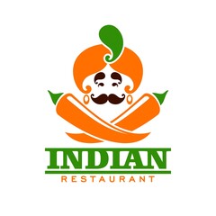Indian restaurant icon with Hindu and peppers, vector India cuisine food and kitchen emblem. Indian cuisine Maharajah in turban with chili peppers, guru chef curry bar or vegetarian cafe sign - obrazy, fototapety, plakaty