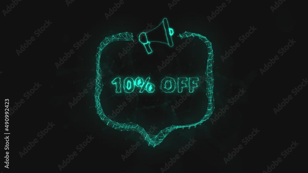Poster Megaphone banner with speech bubble and text 10 percent off. Plexus style of green glowing dots and lines