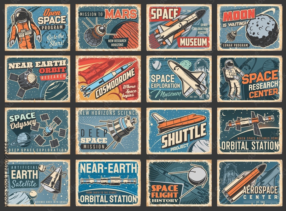 Poster astronauts, space shuttles and galaxy vintage plates. space exploration program, mission to mars and